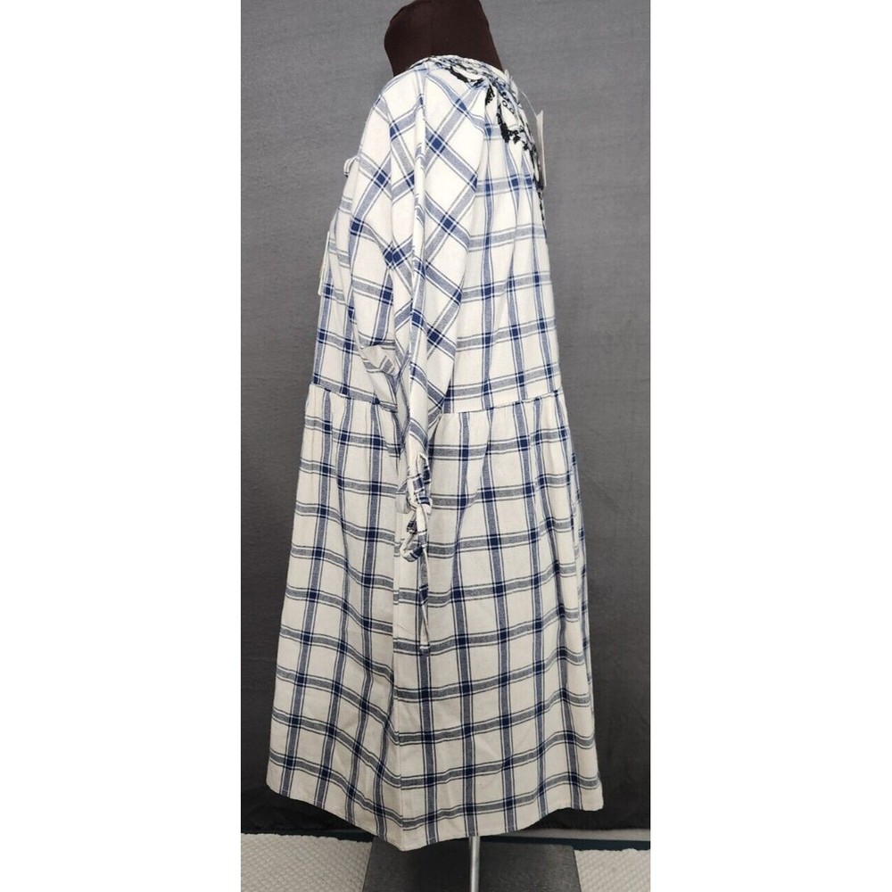NEW Umgee Plaid Embroidered Short Sleeve Ivory Navy Babydoll Dress Women Boho L‎ - Picture 3 of 12